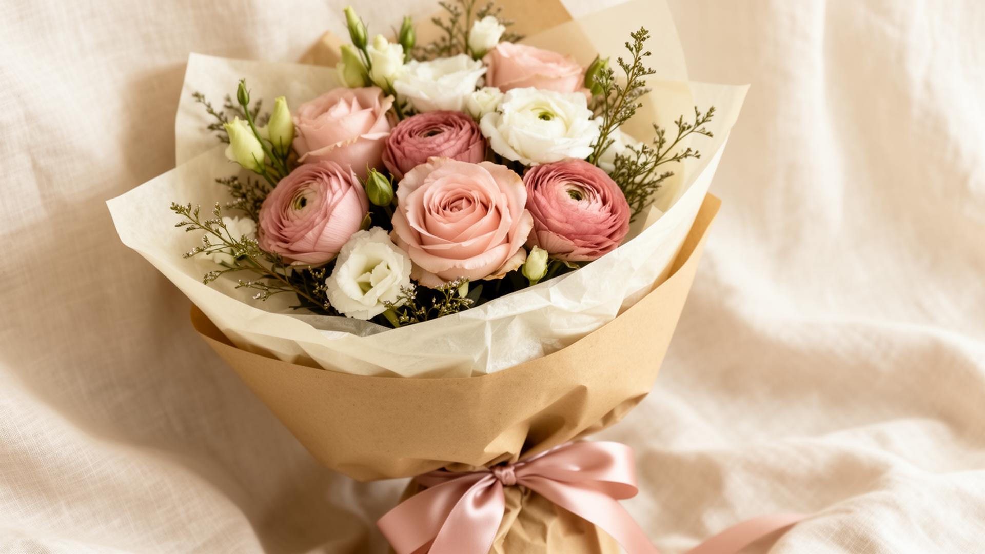 A custom blush bouquet wrapped in kraft paper with a pink ribbon